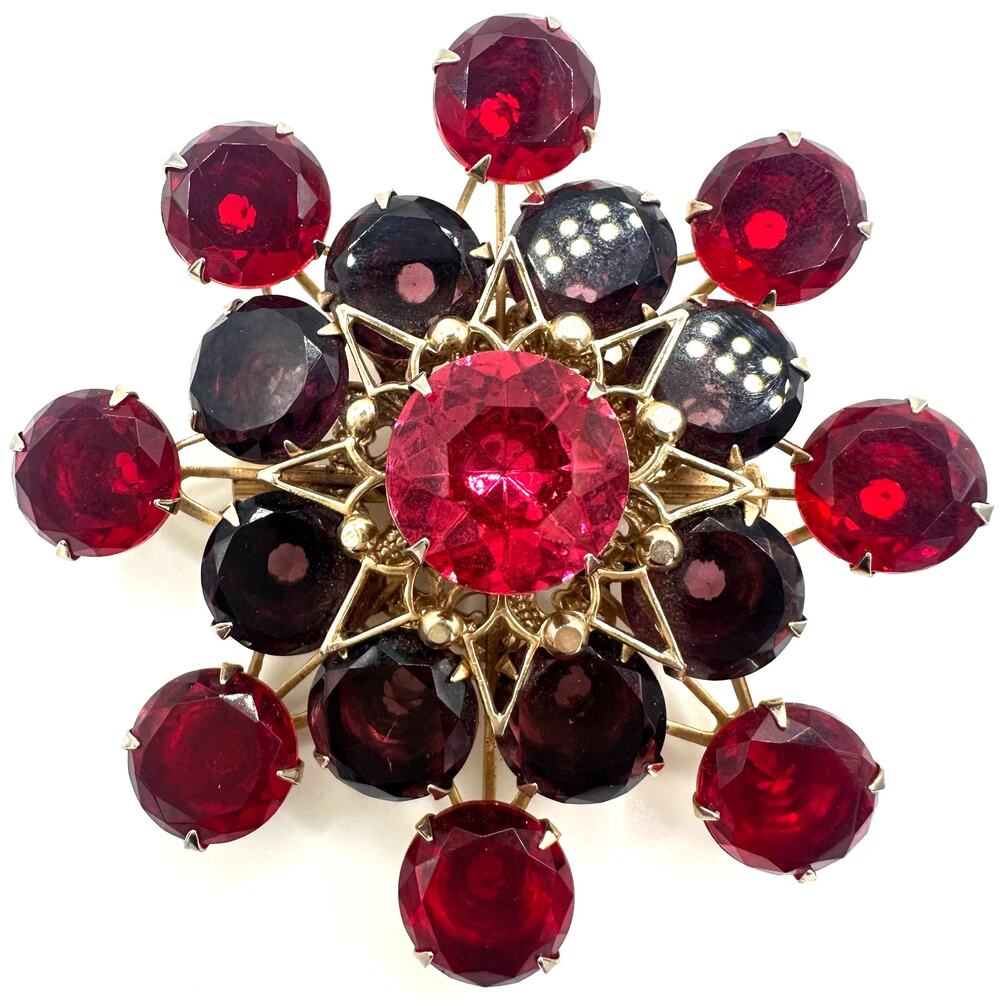 Vintage gold tone red pink purple UV cadmium glass rhinestones large brooch
